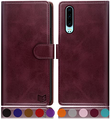 SUANPOT [RFID Schutz für Huawei P30 Hülle PU Leder Handyhülle Lederhülle Klapphülle Kartenfach Flip Cover für Huawei P30 Handy hülle Leather Wallet Phone Case Rotwein