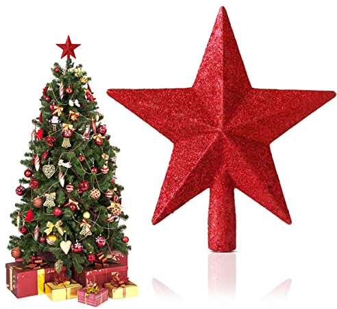 Weihnachtsbaum Stern Rot 20cm, Christbaumspitze Stern Weihnachtsbaum aus bruchsicherem Kunststoff – Elegante Tannenbaumspitze Sterns mit Glitzer für die Perfekte Weihnachtsbaumdeko