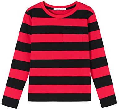 Boys Girls Cotton Long Sleeve Striped T-Shirts Kid Tee Age 4T 5 6 7 8 9 10 11 12 Crew Neckline Shirt, Red and Black, Age 2T