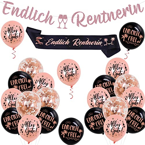 Cheereveal Endlich Ruhestand Dekoration Roségold, Glitzer Banner Schärpe Luftballons, Alles Gute Zum Ruhestand Deko für Frauen, Abschiedsfeier Rentner Partyzubehör