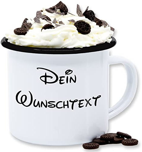Emaille Tasse Blechtasse - Aufdruck selbst gestalten - Wunschtext I Geschenk mit eigenem Text personalisiert - 300 ml - Weiß Schwarz - tassen personalisieren personalisierte name kaffeebecher