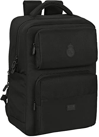 Safta REAL MADRID - Mochila para Portátil 15.6'' y USB con 2 Bolsillos, Ideal para Jóvenes de Diferentes Edades, Cómoda y Versátil, Calidad y Resistencia, 31x13x44 cm, Color Negro