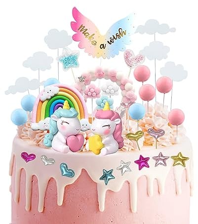 34 Pack Rainbow Horse Cake Toppers, Birthday Cake Toppers, Rainbow Cake Toppers, Heart Stars Cake Toppers, Pink Romantic Cake Toppers for Kids Girls Boys
