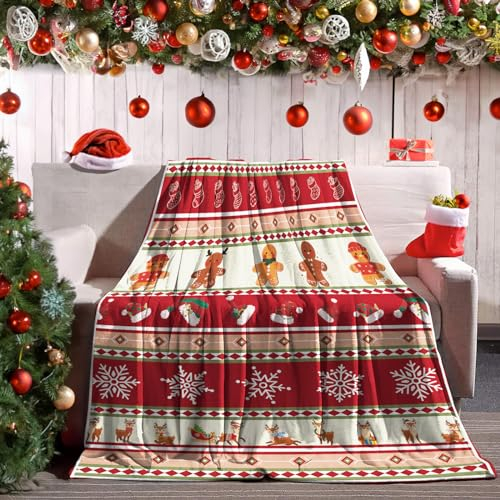 Weihnachten Kuscheldecke Rot Flanell Vlies Decke Urlaub Decken Geschenke Süße Socken Rentier Lebkuchenmann Drucke Decken für Couch Christmas Fleecedecke für Kinder, 130cmx152cm