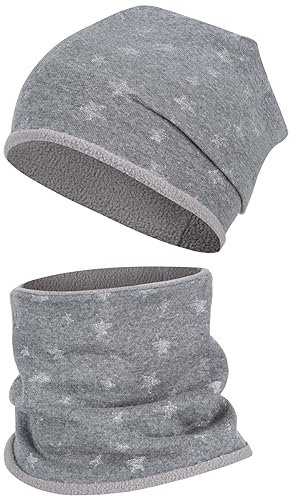 Smarilla Wintermütze + Schlauchschal Mädchen Winterset Beanie Snood, Größe: 54-56, Farbe: Grau-Silber-Stern