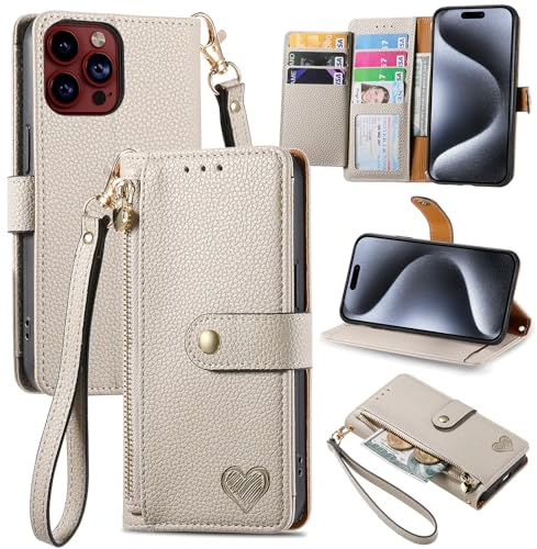 VEEMOS Zipper Wallet Case for Apple iPhone 15 Pro Phone Case with Purse Card Holders RFID Blocking Leather Flip Case Book Cover Wrist Strap Women - Gray