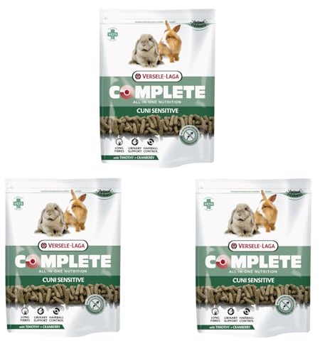 Versele-Laga Complete Cuni Sensitive | 3er Pack | 3 x 500 g | Alleinfuttermittel für Kaninchen | Unterstützend bei Haarballen | All-in-one Pellets | Von Tierärzten entwickelt