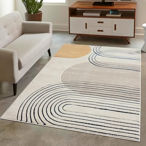carpet city Teppich Kurzflor Beige - 200x290 cm - Moderne Wohnzimmer-Teppiche Geo-Muster mit 3D-Optik - Flachflor Bodenbelag Deko Schlafzimmer, Esszimmer