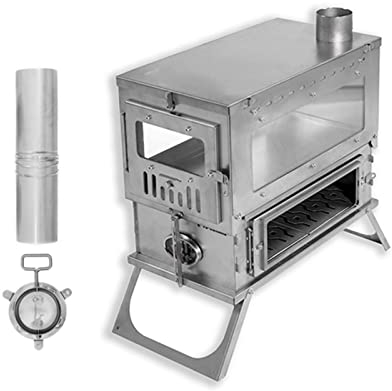 Camping Titanium Tent Stove, Wood Burning Stove with Large Side Glass, Folding Small Camping Stove Backpacking with Chimney Pipes for Winter