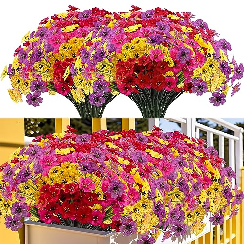 Kinisty 16 Bundles Artificial Flowers for Outdoor Garden(Red Yellow Purple) | UV Resistant, No Fade. Spring Summer Decor for Outside Hanging Baskets, Window Box.
