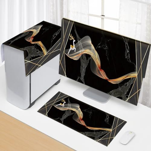 Hixingo 3 Pièces Housse Écran Ordinateur, Housse Anti Poussiere écran Ordinateur de Bureau Compatible avec 17-34 Moniteur pour Protection d'écran PC/TV (23”-24”,Cerf de Fond Noir)