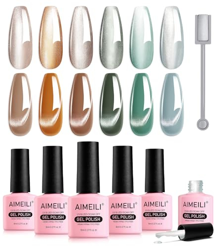 AIMEILI Magnetic Gel Nail Polish Set with Magnetic Stick, 6pcs Moonlight Ceramic Cat Eye Gel Nail Varnish UV LED Nail Art Manicure Pedicure, Easy to Apply 8ml - Gift Kit 61
