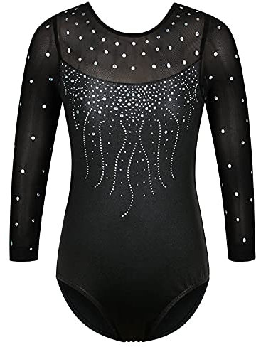 ZNYUNE Kinder Gymnastik Trikot mit Pailletten Mädchen Gymnastikanzug 3/4 Hülse in Tüll B272 Black 16A