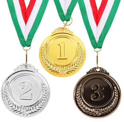 GEBETTER 3pz Medaglie Premiazioni Numeriche, Medaglie Bambini Metallo, Winner Medaglia d’Oro Premi Adulti per Giornata Sport Giochi Feste Compleanno, con Nastro Bandiera Italiana