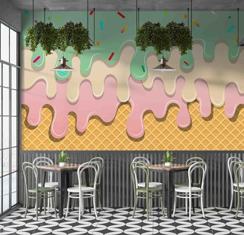 Fototapete 3D Effekt 3D-Eisdiele Tapete Tapetenwandbild Wandbild Dekoration Foto-Tapete Wandtapete Fotoposter Wanddeko,396 * 280cm