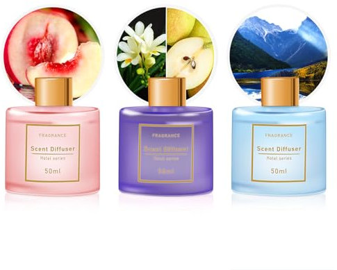 Profumatore per Ambienti 3 Pack 50ml Pesca/Fresia/Shangri-la,Diffusore Profumo Ambiente con 12 Bastoncini,Diffusore di Fragranze per Bagno,Appartamento