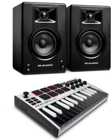 Recording Studio Package - Akai Professional MPK Mini MK3 USB MIDI Keyboard Controller and M-Audio BX3 3.5 120W Speakers, with Production Software, white