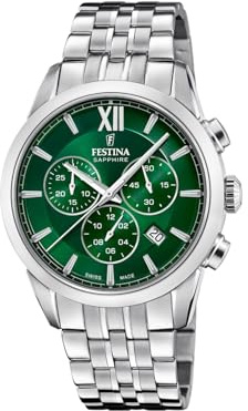 Festina Swiss Made Herrenuhr Analog Edelstahl 316L Silber - Quarz Chronograph, Datum - Saphirglas, Wasserdicht 10 ATM - F20040/3 Chrono