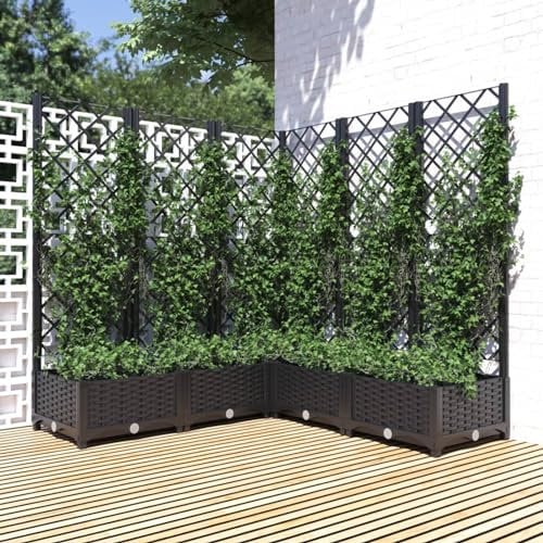 Gecheer Fioriera Angolare con Graticcoo e Traliccio da Giardino in Polipropilene, Nero, 120x120x121,5 cm, per Terrazzo