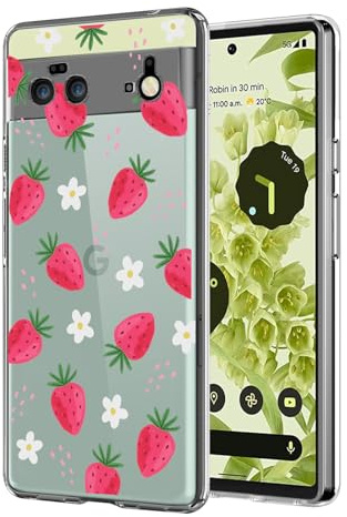DiyGody Compatible for Google Pixel 6 Case with Cute Strawberry Flowers Pattern, Crystal Clear Thin Slim Soft Silicone TPU Bumper Protective Cover Compatible for Pixel 6 6.4 Women Girls