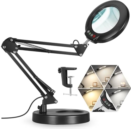 Veemagni 10X Lupe mit Licht, 5 Farbmodi Stufenlos Dimmbar 2-in-1 Schreibtischlampe und Klemme, LED Beleuchtete Lupe mit Licht und Ständer, Hände Frei für Handwerk Hobby Malerei Schließen Arbeit
