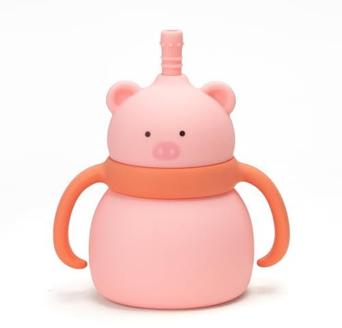 MOJINL Silikon Baby Becher Ab 6 Monate - Auslaufsicher Trinkbecher Mit Strohhalm, Deckel Und Griff - BPA Frei Spülmaschinenfester Silikonbecher (Hellrosa)