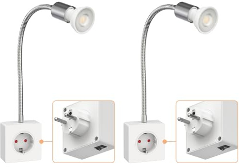 ledscom.de 2 Stück Steckdosenlampe LESCH Leselampe, chrom/weiß inkl. GU10 LED Lampe 5,7W, 535lm, 35°, weiß