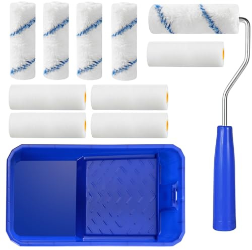12 Pcs Paint Roller Set, 3.9 Foam and Pile Heads Mini Paint Roller with Paint Tray, Roller Frame, Small Paint Rollers and Trays Sets for Painting Walls, Furniture, Artistic Creation, Ceiling
