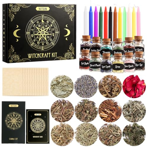 Nutgun Witchcraft Supplies Kit 49 PCS, Wiccan Supplies and Tools Including Witchcraft Herbs, Spell Candles, Crystals, Guidebook for Witchcraft, Witch Altar Spell Starter Kit, Witchy Gifts for Women