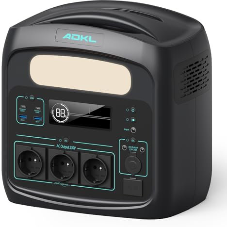 ADKL Tragbare Powerstation 1200W (921,6Wh) mit LiFePO4-Batterie 400000mAh,1.5 Stunden Schnellladung,3X 1200W AC Leistung,Tragbare Kraftwerk für Notstrom/Camping/Wohnmobile/zuhause