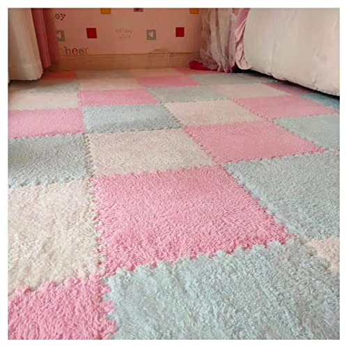 Plush Foam Interlocking Carpet Tile Square Floor Mat 10 Pack 12x12 Inch Interlocking Fluffy Plush Puzzle Play Mat with Border Pink+Beige+Blue 10 Tiles/10 Sq Ft