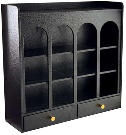 Rustic Wooden Coffee Mug Storage Cabinet with 3 Tier Mug Rack Drawers and Countertop Display Case Perfect for Living Room or Kitchen Decor (Black)