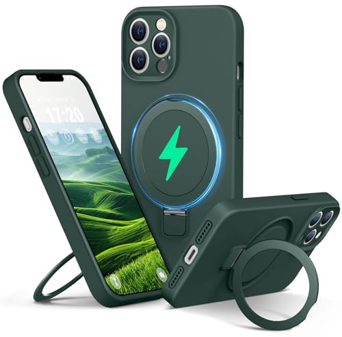 PuyaTeya Liquid Silicone Case for iPhone 13 pro with Magnetic Ring Stand, Upgraded camera lens protection, Mil-Grade Drop Shockproof, Anti-Scratch Microfiber Lining Silicone Case(Green)