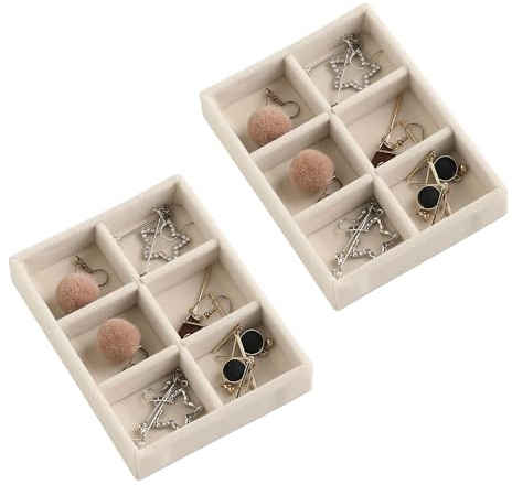Frebeauty Small Jewellery Tray Set,Stackable Velvet Jewellery Organiser Tray,Mini Jewellery Drawer Organiser,Drawer Insert,4.92 x 3.74 x 0.9 Inches,6 Grid Earring Organiser for Women Girl(Set 2,Beige)