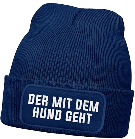 MoonWorks® Herren Beanie Strickmütze mit Patch Spruch Der mit dem Hund geht Aufdruck Lustig Mütze Männer