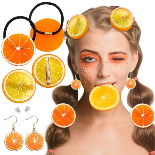 Henjunu 3 Stücke Haarspangen Orange Haarklammern + Orange Ohrringe + Orangenscheiben Elastische Haargummi Mädchen Damen Süß Obst Haar Accessoires für Fasching Karneval Party