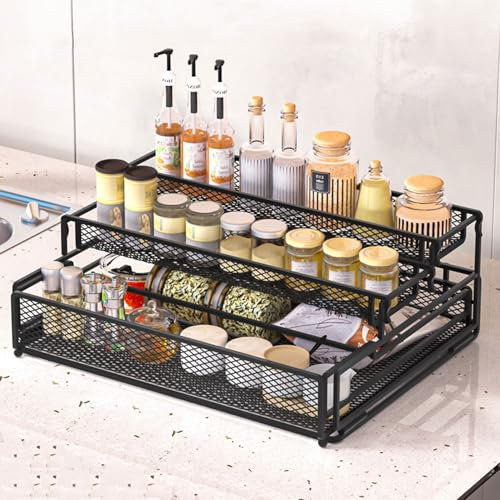 Yahbrra Arbeitsplatte Küchen Organizer Gewürze Küchenorganizer: Gewürzregal Ausziehbar Schrank Küche 3 Etagen Gewürzaufbewahrung Perfekt für Küche Wohnzimmer (Schwarz, 32x25.5x12cm)