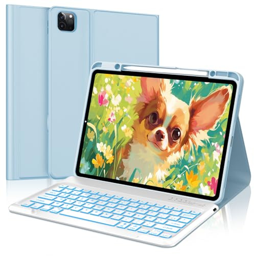 SENGBIRCH Coque Clavier pour iPad Pro 12.9 (6e/5e/4e/3e) Gen, AZERTY Français Clavier rétroéclairé 7 Couleurs Détachable sans Fil Bluetooth, Étui iPad Air 13 (M3 2025/M2 2024), Bleu Chair