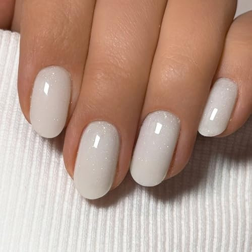 24 Pièces Amande Faux Ongles Court, Couleur Pure Ongles à Coller, Ovale Naturel French Press on Nails, Couverture Complète Acrylique Artificiel Capsules Ongles pour Femmes Filles (Blanc Laiteux)