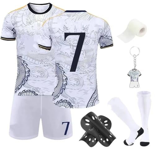 Amazluck Madrid #7 Football Kits for Boys Girls Kids, Football Training Shirts Shorts Socks Guard Plate Keychain Bracelets and Bandages, Gifts for Children