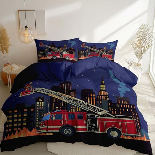 Wendbare Bettbezug 135 x 200 cm, Cartoon Feuerwehrmann Brennendes Gebäude Bedruckte Bettbezüge mit Reißverschluss und 80x80cm Kissenbezug, Dunkelblau Waschbar Mikrofaser Bettwäsche Einfach und Pflege