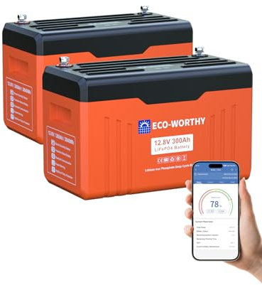ECO-WORTHY LiFePO4 300 Ah 12 V Bluetooth con display, batteria al litio da 7,68 KWH 12 V 300 Ah con protezione BMS a bassa temperatura per impianto solare, set completo