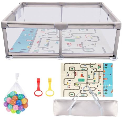 Laufstall Baby, Laufstall 120x180cm, Laufgitter Baby mit Matratze, Laufgitter 600D Oxford Gewebe, Playpen mit Atmungsaktivem Netz, Saugnäpfen, 50 Ozeanbällen, Innen/Außen Geeignet