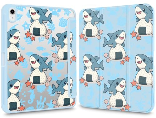 VibrantFruitique Funny Animal Case for iPad (A16) 11th Gen 2025 27.9 cm/10th Gen 2022 27.7 cm Blue Cartoon Sharks Clear Hard Back Hybrid Case,with Pencil Holder Trifold Stand Slim Tablet Cover for