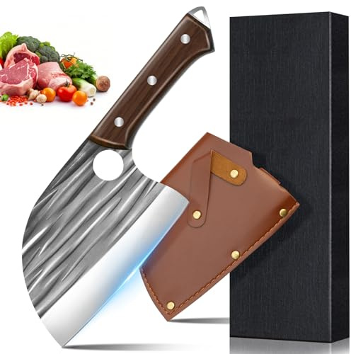 Scharf Hackmesser Profi Kochmesser Fleischerbeil für Küche, Metzgermesser mit Ergonomischer Holzgriff, mit Lederscheide, Geschenkverpackung, zum Schneiden und Zerkleinern