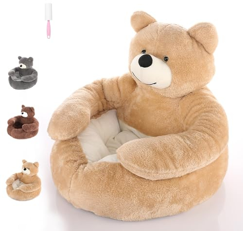 Generisch Teddybär-Hundebett mit Armlehnen, Kuschelbett für Kleine Hunde und Katzen, Plüsch-Kuschelbett mit Rutschfester Unterseite (Khaki, L)