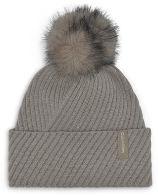 Calvin Klein Damen Beanie-Mütze Diagonal Rib Winter Beanie with Faux Fur Pom