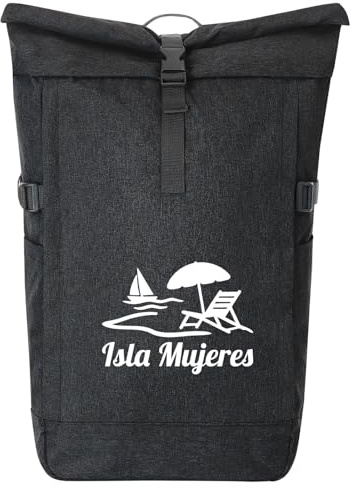 Huuraa Kurierrucksack Isla Mujeres Inselmotiv Mexiko Geschenk | 30-44 Liter Backpack Black Melange Fairtrade Rolltop Rucksack Geschenkidee Schwarzer Laptop-Rucksack passend für 17-Zoll