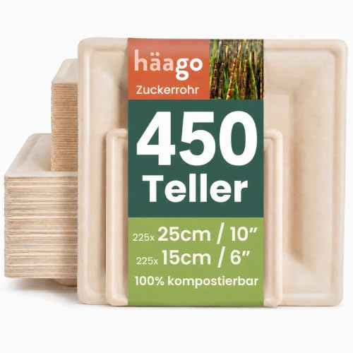 HAAGO 450 Eco Disposable Sugarcane Plates, Square 225 × 26cm Dinner & 225 × 15cm Dessert Plates – Natural Colour - Strong & Heavy Duty Paper Plates, Biodegradable & Compostable for Hot & Cold Food