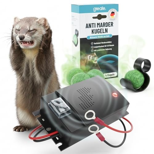 greate Marderabwehr Set - Duftkugeln & Marderschreck Auto für Motorraum | 4x Duft Kugeln inklusive Halterung + Ultraschall Marderschreck Auto mit 12V Batterieanschluss